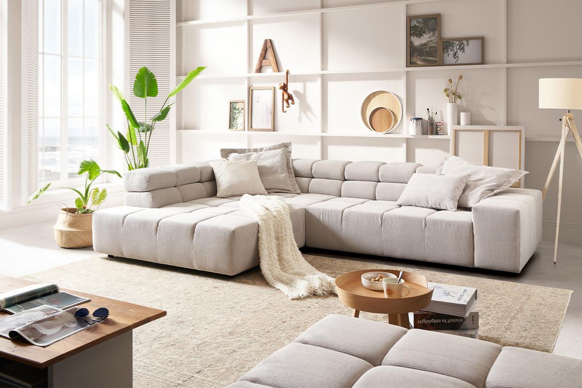 ECKSOFA MIT MOTORISCHEM SITZVORZUG NEVADA Silber Cord Relaxfunktion - Silberfarben/Schwarz, Kunststoff/Textil (319/215cm) - KAWOLA