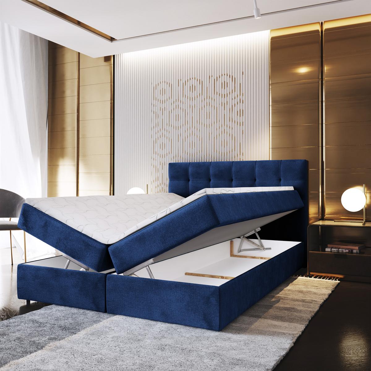 BOXBETT GLOS K 140x200 cm mit Matratze und Topper, H2+H3 - Blau - Blau, Holz (140/200cm) - MASSENO