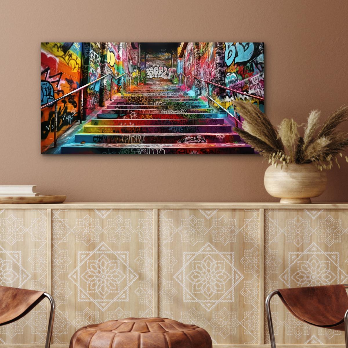 METALLBILD Treppe - Graffiti - Farben - Kunst 80x40 cm - Multicolor, Metall (80/40cm) - MuchoWow