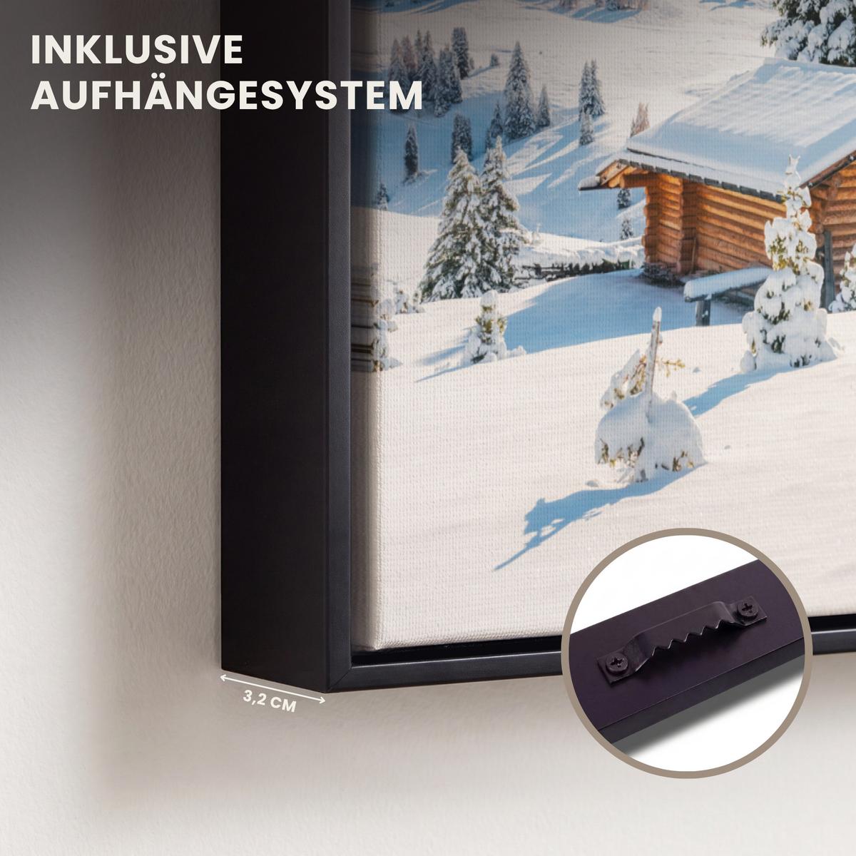 LEINWAND Bilder mit Rahmen - Winter - Hütte - Berge - Aussicht - Schnee - 30x40 - Eichefarben, Textil (30/40cm) - MuchoWow