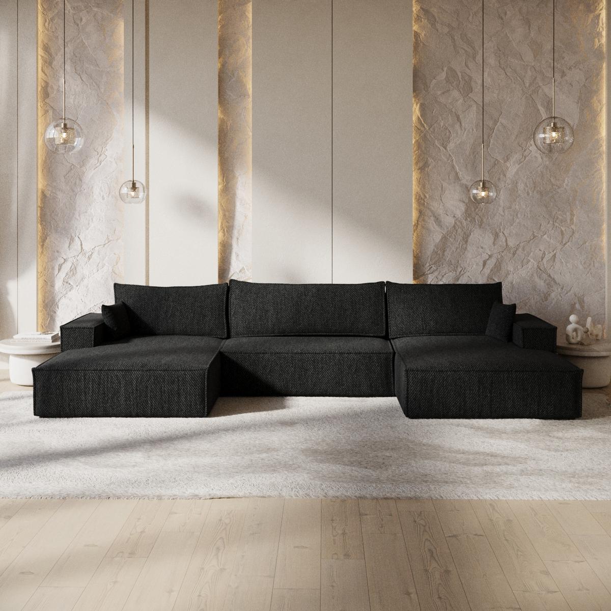 WOHNLANDSCHAFT NUBO mit Schlaffunktion Creme im Neve Stoff - Schwarz, Holz/Holzwerkstoff (398/70/148cm) - AltaBeds
