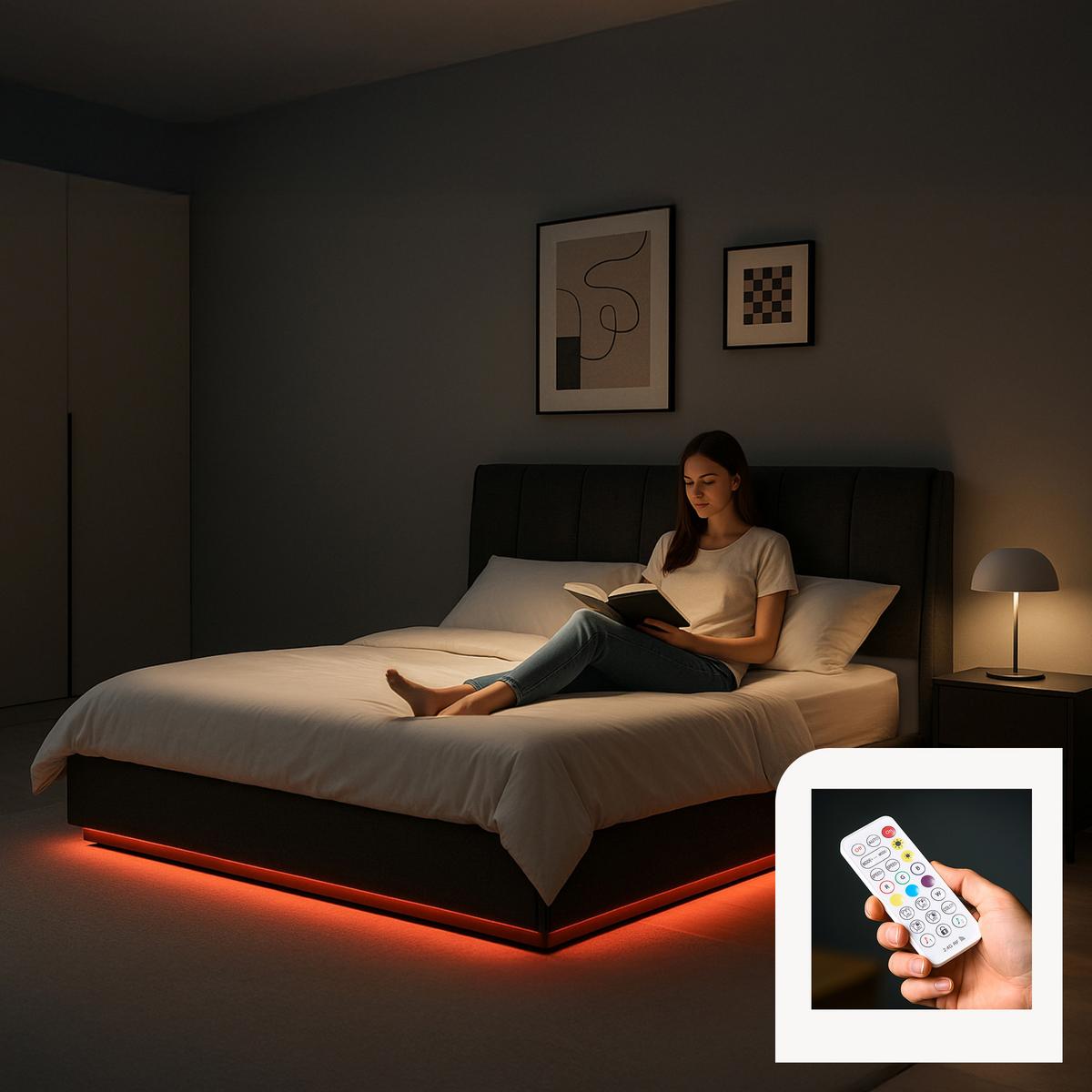 LED POLSTERBETT Tröstiar mit Matratze - Schwarz, Holzwerkstoff/Kunststoff (140/200cm) - [en.casa]