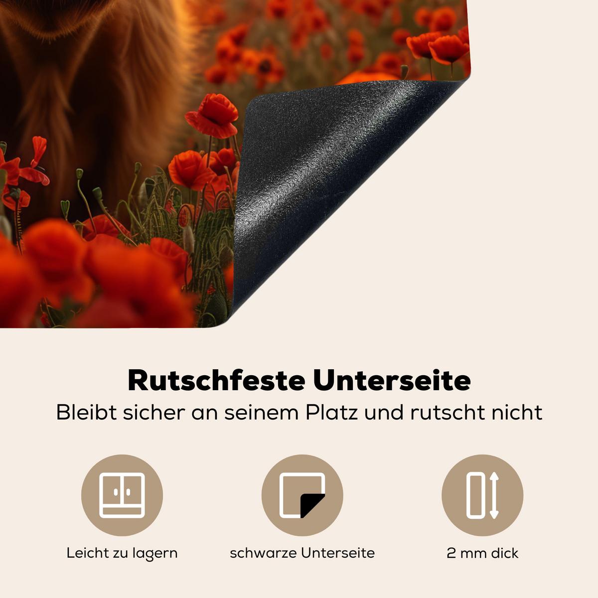 HERDABDECKPLATTE Schottische Highlander - Rosen - Blumenfeld - Sonnenuntergang Abdeckung Ceranfeld 59x51 cm - Rotbraun, Kunststoff (59/51/0.2cm) - MuchoWow