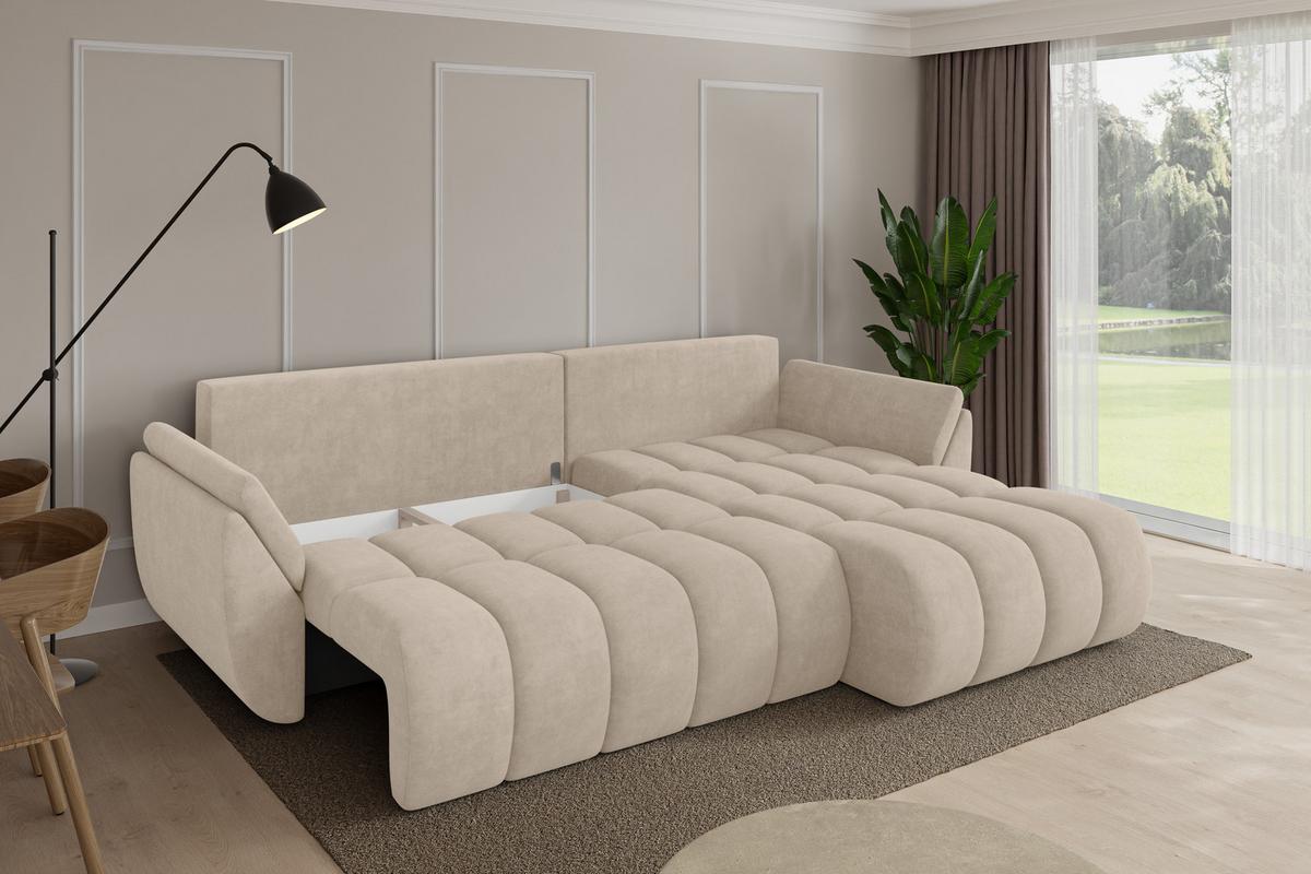 ECKSOFA mit Schlaffunktion Ottomane Rechts TOKO-L-v1 277x194x86 Beige Velours - Schwarz/Sahara, Holzwerkstoff/Kunststoff (277/194cm) - ALTDECOR