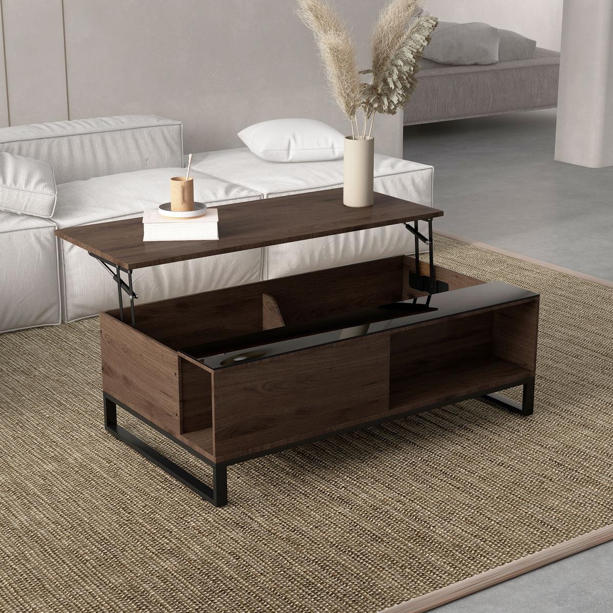 COUCHTISCH, Beistelltisch mit Höhenverstellbarer Platte, Sofatisch mit Stauraum - Walnussfarben, Kunststoff (102/58/35.5cm) - HOMCOM