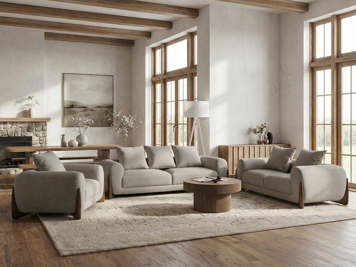 SOFA-SET 6-Sitzer Taupe Vinliden - Beige/Braun, Textil (217/82/87cm) - Beliani