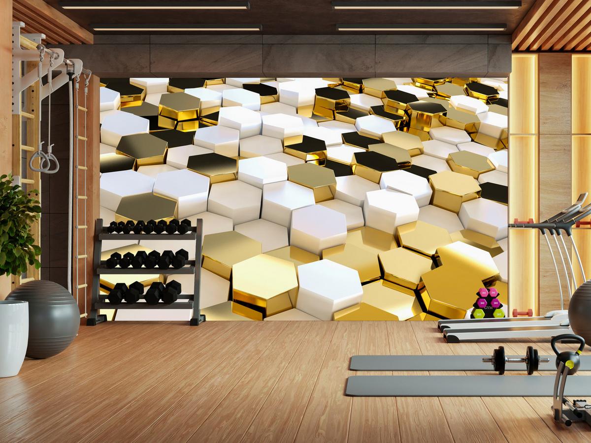 FOTOTAPETE für Büro Futuristisch Goldene Hexagone Formen Geometrie 350x256 - Gelb/Goldfarben, Papier (350/256cm) - Muralo