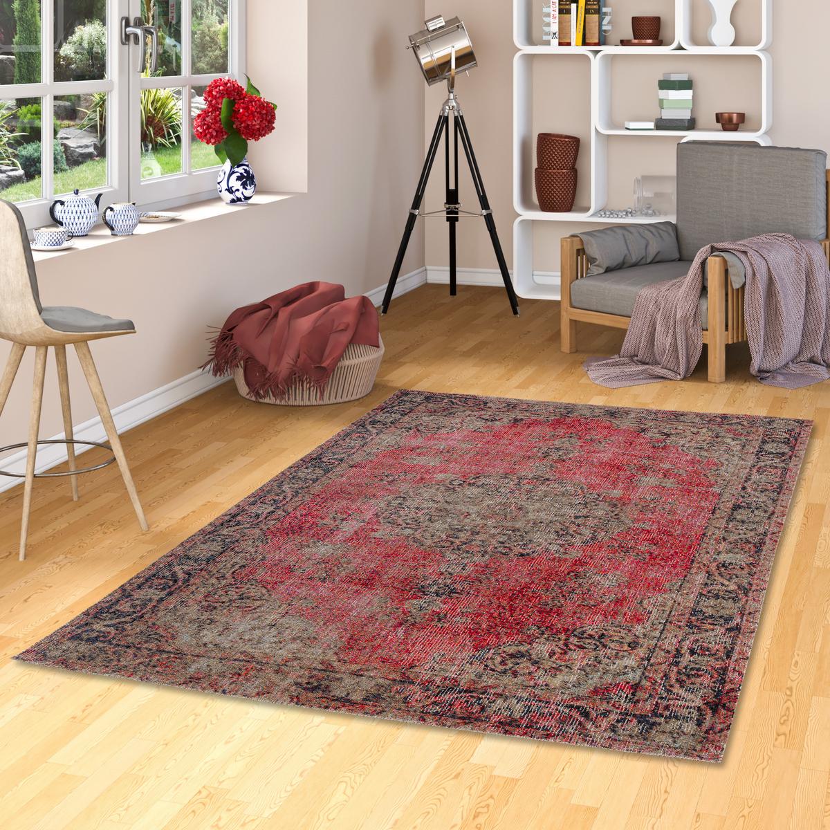 KURZFLOR DESIGNER TEPPICH MODERN VINTAGE ORIENT MUSTER - Beige/Rot, Textil (120/170cm) - Pergamon