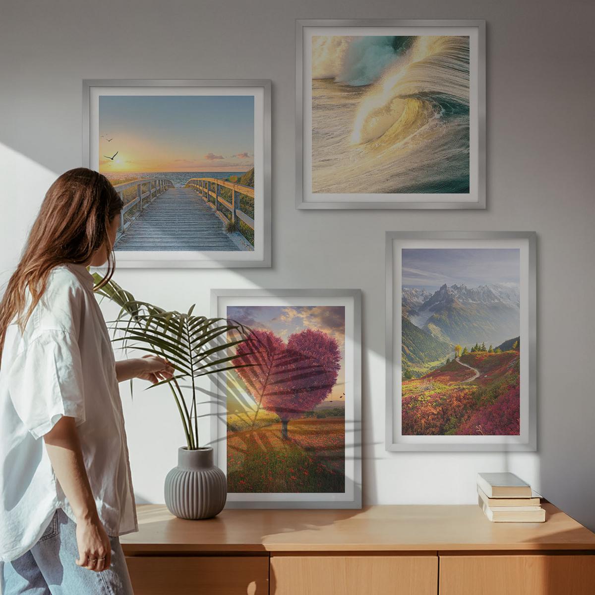 BILDER SET 4er Set - 50x50 cm & 40x60 cm Silberner Rahmen - Landschaften Berge Wellen Baum Herz Pier - Silberfarben, Kunststoff (50/50cm) - TULUP