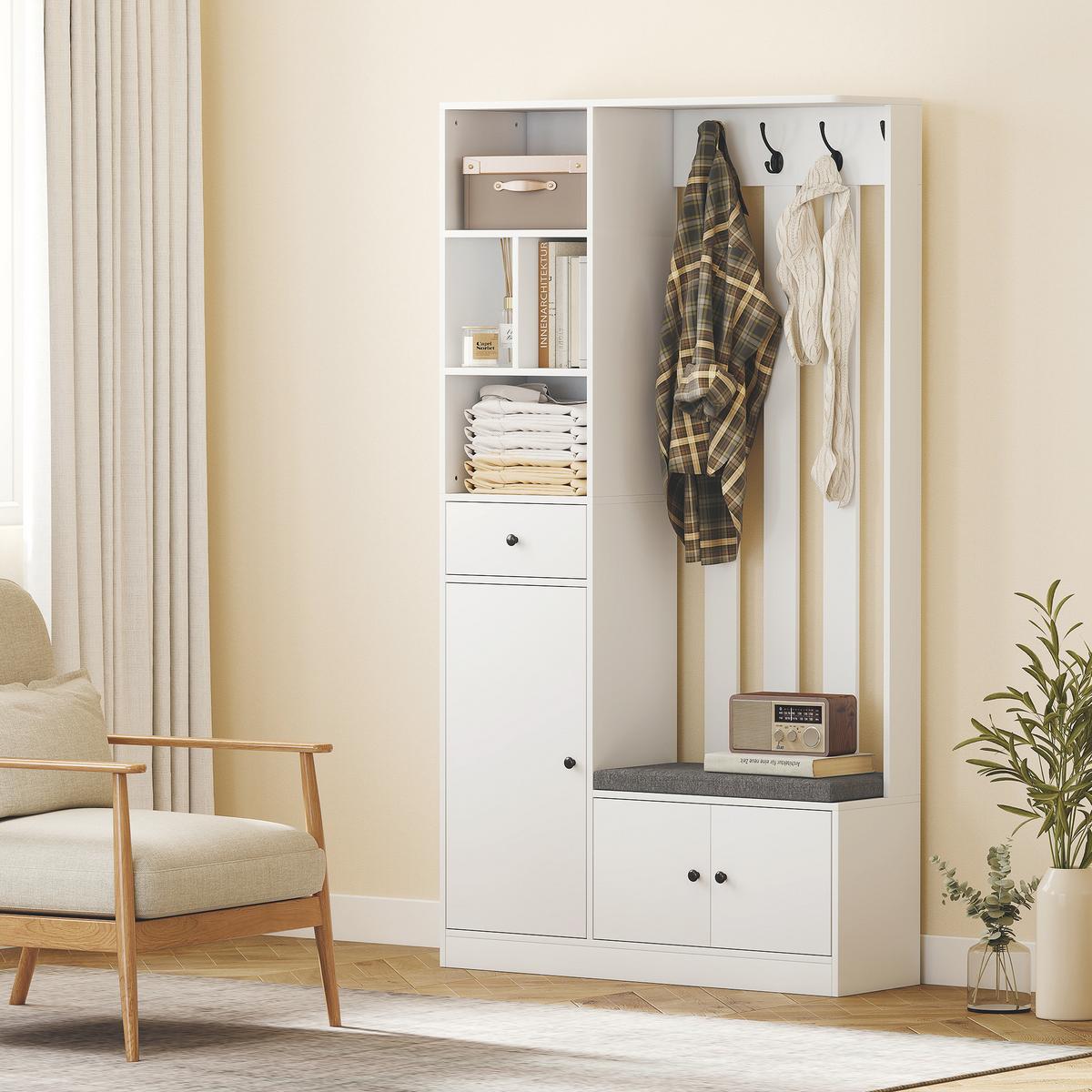 GARDEROBENSCHRANK mit Sitzbank Schuhschrank 4 Haken Weiß - Weiß/Grau, Holzwerkstoff (30/180/100cm) - HOMCOM