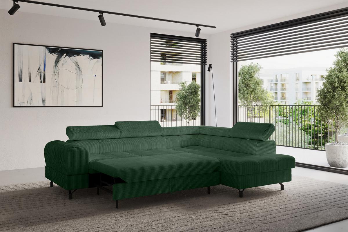 ECKSOFA mit Schlaffunktion Ottomane Rechts LUMA-L 272x203x70 Grün Cord - Schwarz/Grün, Holzwerkstoff/Kunststoff (203/272cm) - ALTDECOR