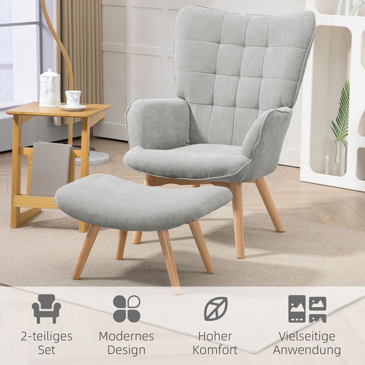 OHRENSESSEL mit Hocker, Relaxsessel, Polstersessel in Cord-Optik, mit Holzbeine - Naturfarben/Grau, Holz/Buchenholz (72/101/80cm) - HOMCOM