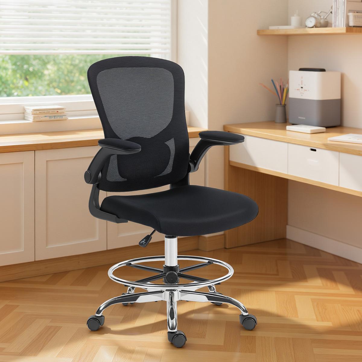 BÜROSTUHL mit Hochklappbar Armlehne Verstellbarer Fußring und 4D-Lendenstütze - Schwarz, Kunststoff/Textil (60/132/60cm) - HOMCOM