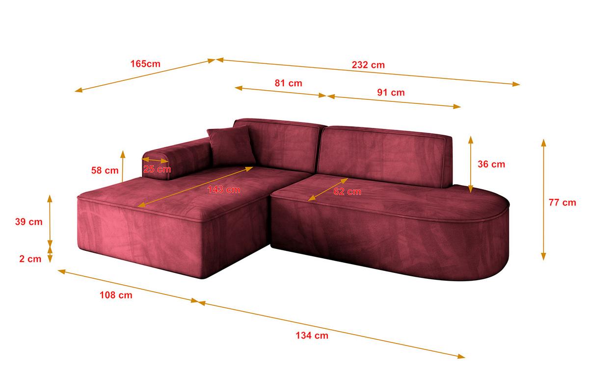 ECKSOFA Ottomane Links IREA-L1-v3 - 232x165x77 cm Bordeauxrot - Bordeaux, Holzwerkstoff/Textil (232/165cm) - ALTDECOR