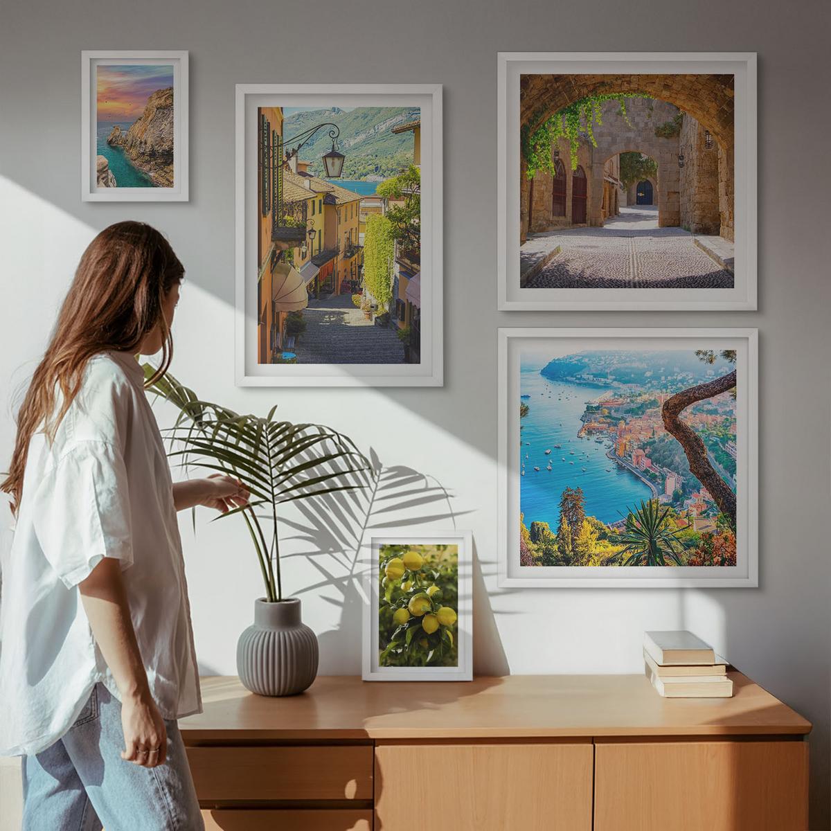 BILDER SET 5er Set - 50x50 cm & 20x30 cm & 40x60 cm Weißer Rahmen - Bezaubernde Straßen voller Zitronenblüten - Weiß, Kunststoff (40/60cm) - TULUP