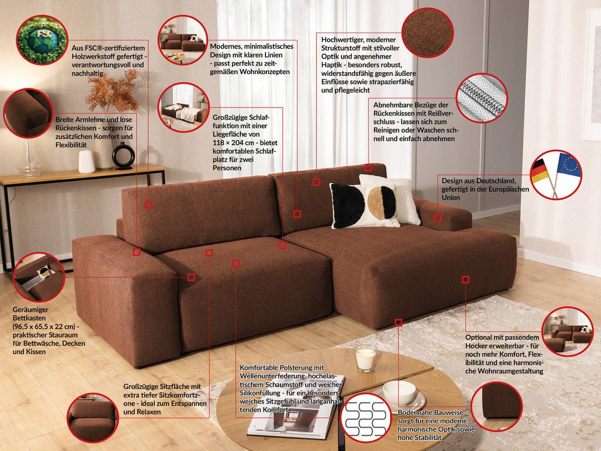 ECKSOFA Lennon aus Braun Strukturstoff mit Schlaffunktion und Bettkasten - Schwarz/Braun, Holz/Kunststoff (264/137cm) - S-Style