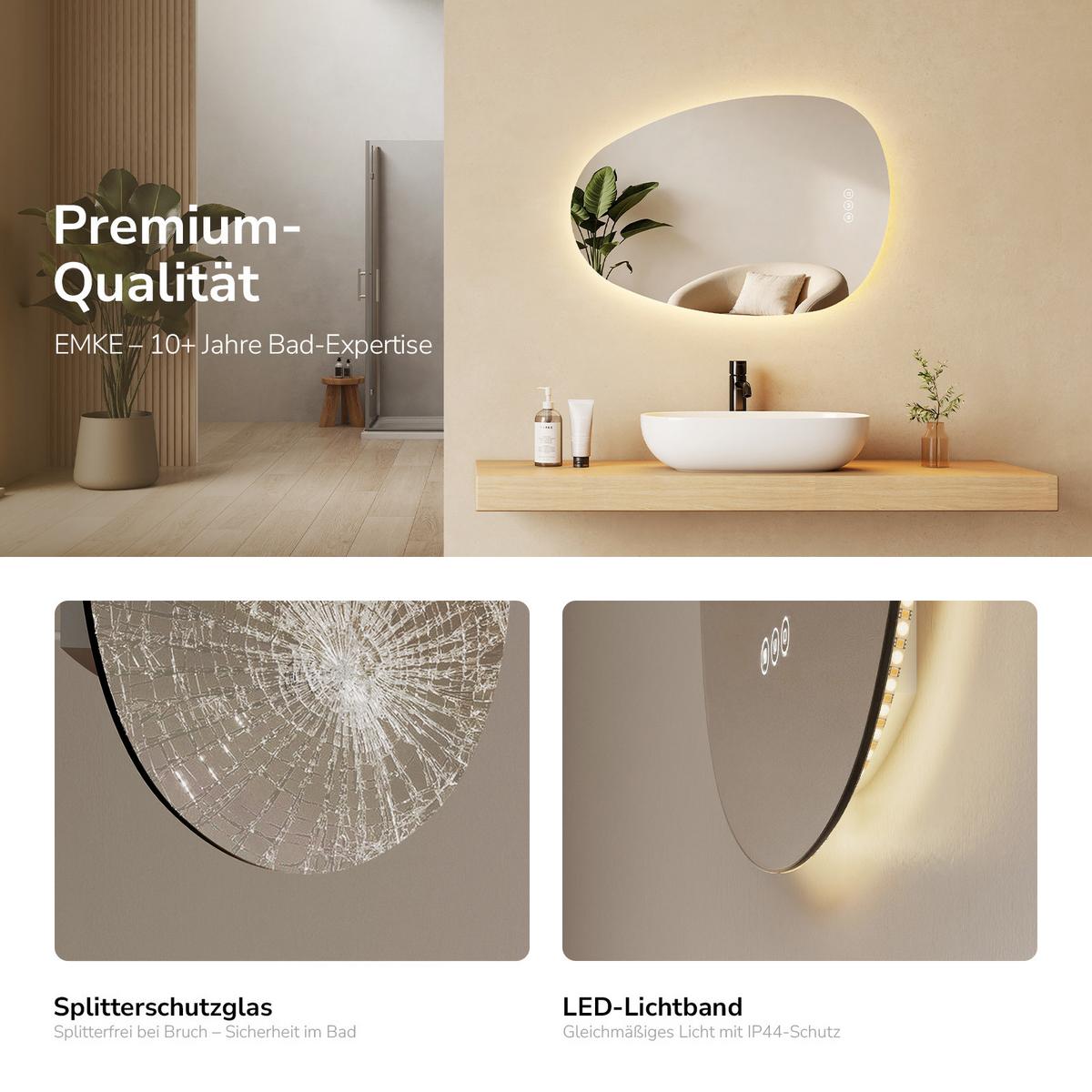 BADSPIEGEL asymmetrisch mit LED-Beleuchtung, Antibeschlag, 65/45/2,5 cm - Transparent, Glas (45/65/2.5cm) - EMKE
