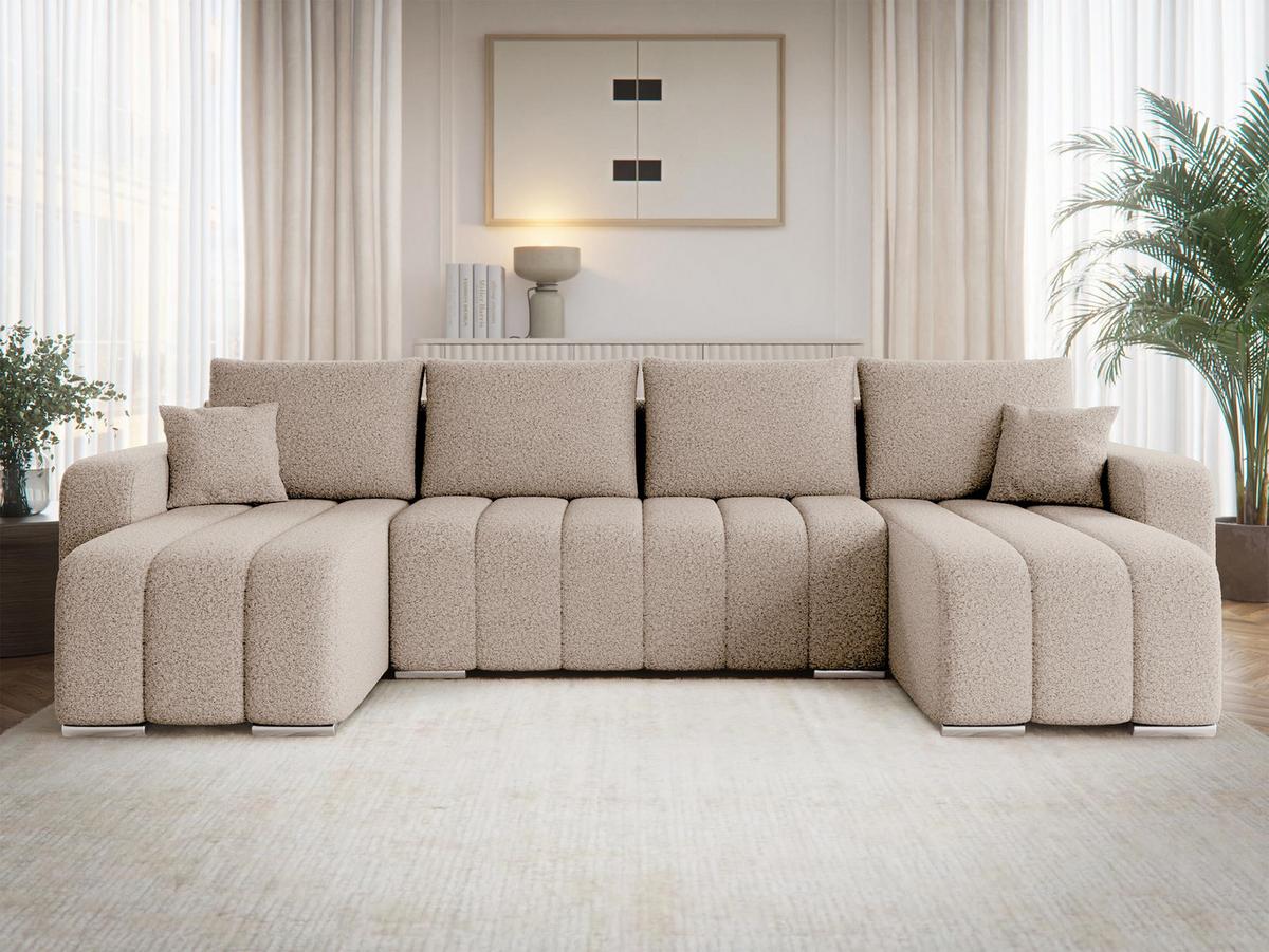 WOHNLANDSCHAFT Pufetto U Boucle - Beige/Silberfarben, Holz/Textil (313/86/147cm) - MIRJAN24