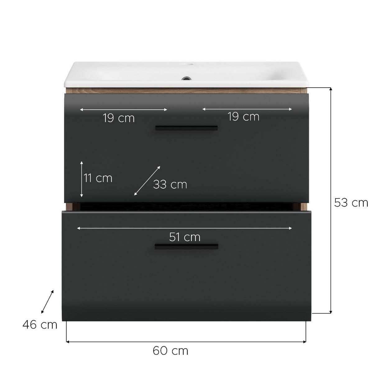 WASCHTISCH mit Waschbecken, schwarz matt, Eiche Nox, Waschtischunterschrank 60 cm mit Schubkästen - Eichefarben/Schwarz, Keramik/Holzwerkstoff (60/55/46cm) - Inn.Furn