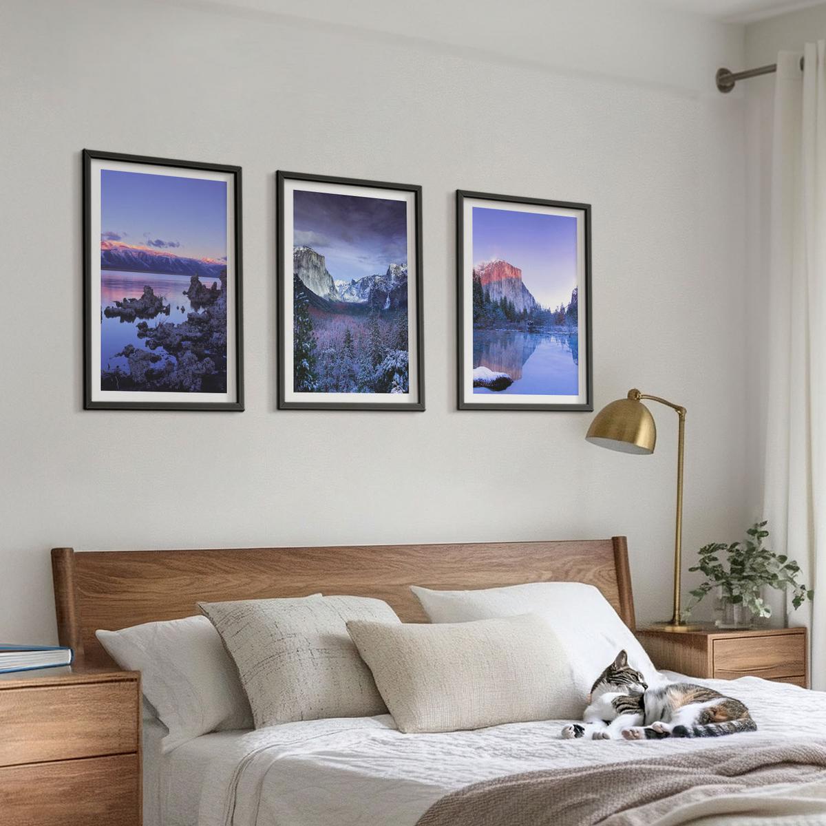 BILDER SET 3er Set - 40x60 cm Schwarzer Rahmen - Berglandschaften, Sonnenuntergang, Wasser - Schwarz, Kunststoff (40/60cm) - TULUP