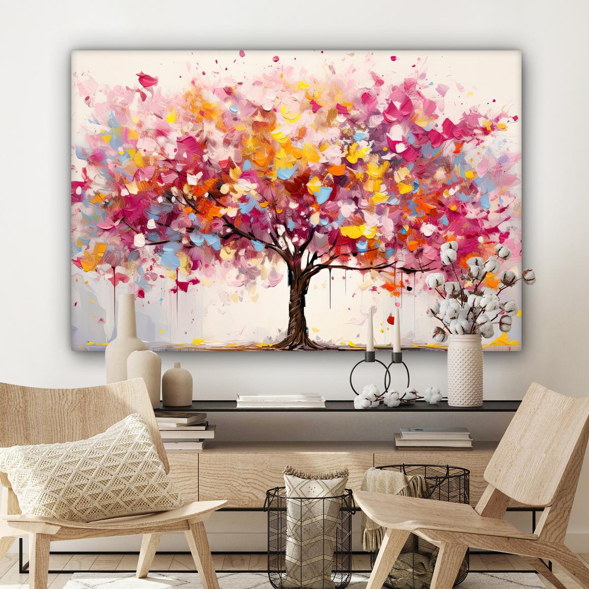 LEINWANDBILD Aquarell - Baum - Kunst - Abstrakt Groß 140x90 cm - Rosa, Textil (140/90cm) - MuchoWow