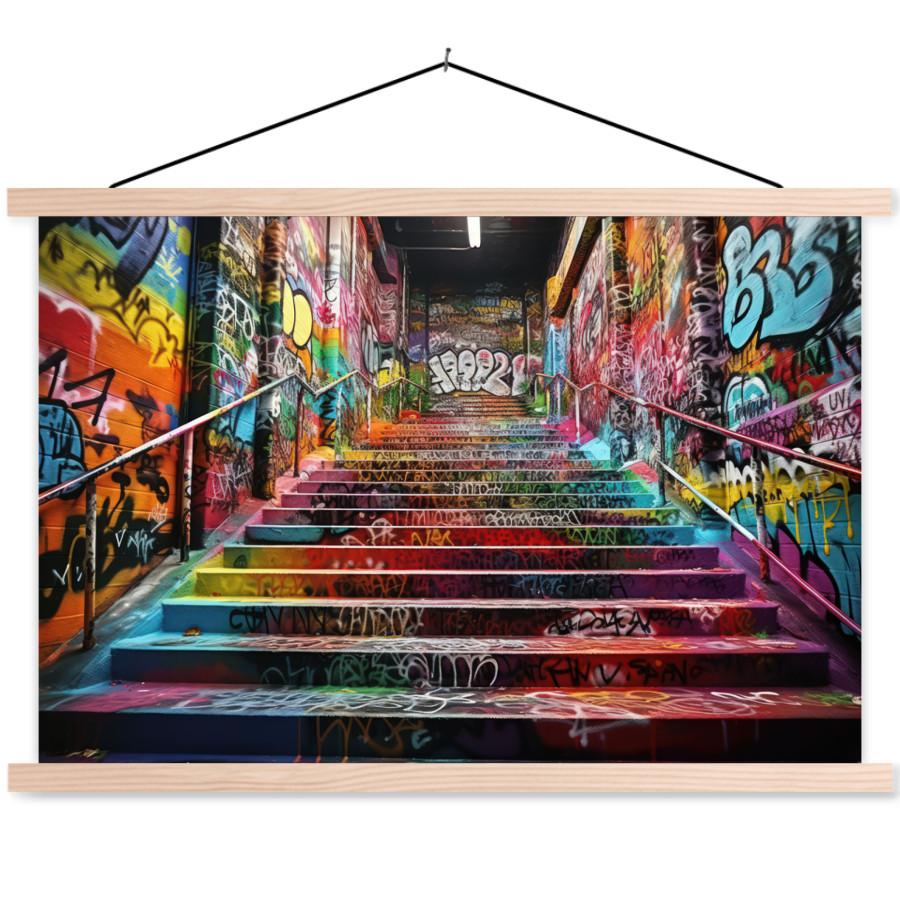 POSTER MIT MAGNETLEISTEN Treppe - Graffiti - Farben - Kunst Wanddeko 90x60 cm - Multicolor, Textil (90/60/0.15cm) - MuchoWow