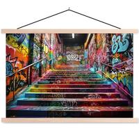 POSTER MIT MAGNETLEISTEN Treppe - Graffiti - Farben - Kunst Wanddeko 90x60 cm - Multicolor, Textil (90/60/0.15cm) - MuchoWow
