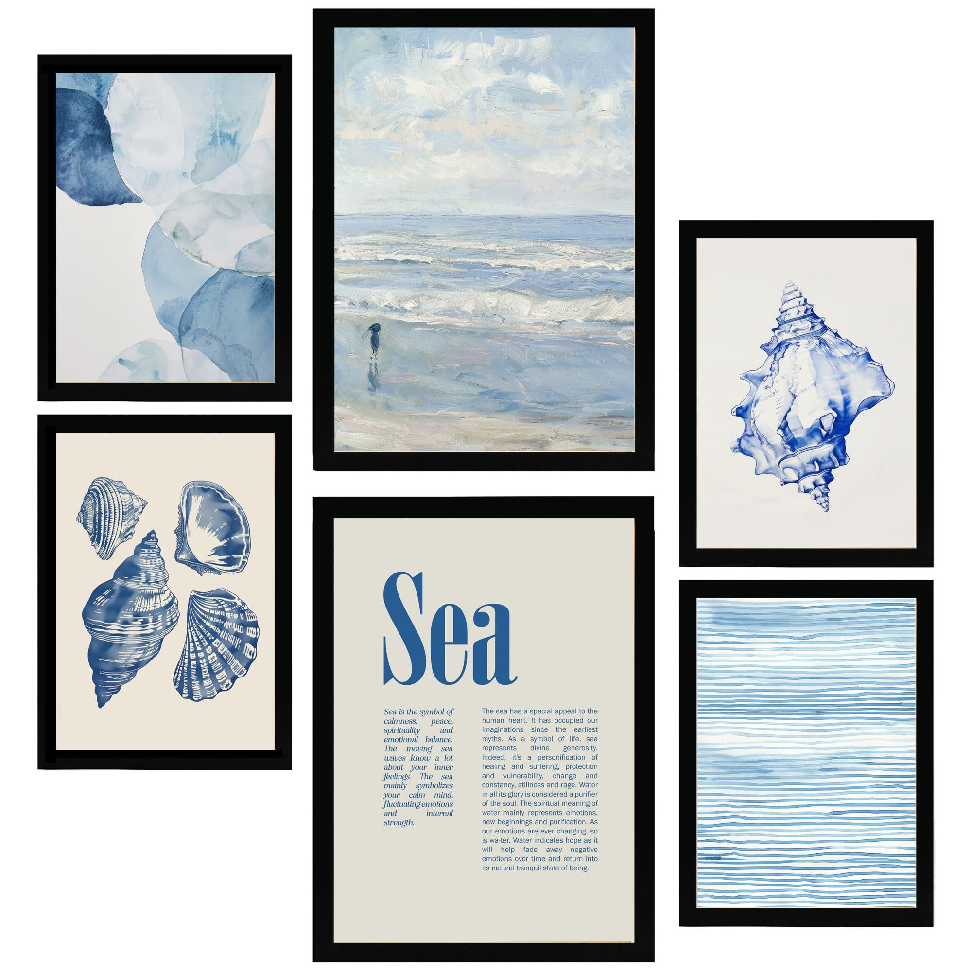 POSTER Set Mit 6 Marine Blau Meer & Sommer A3 & A4 Schwarzer Rahmen - Schwarz, Papier (29/3cm) - Nacnic
