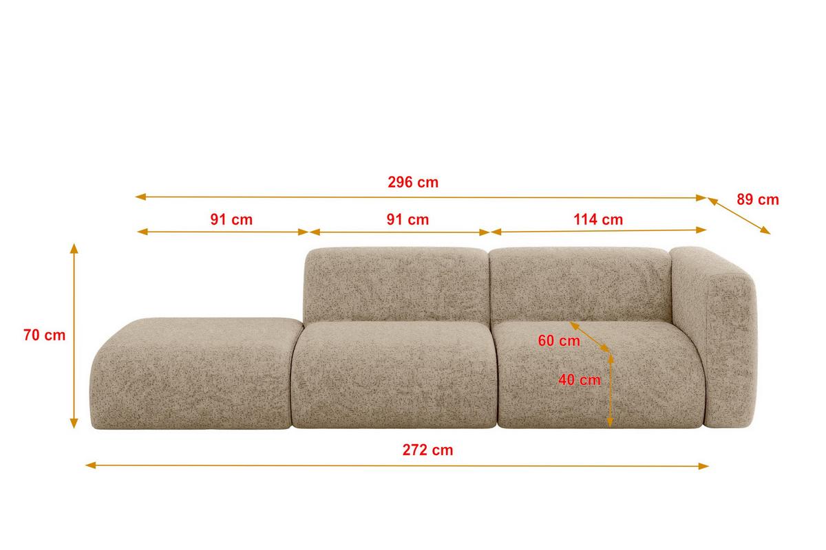 SOFA Ottomane Rechts MIRA-S3 296x89x70 Braun Velours - Schwarz/Braun, Holzwerkstoff/Kunststoff (296/70/89cm) - ALTDECOR