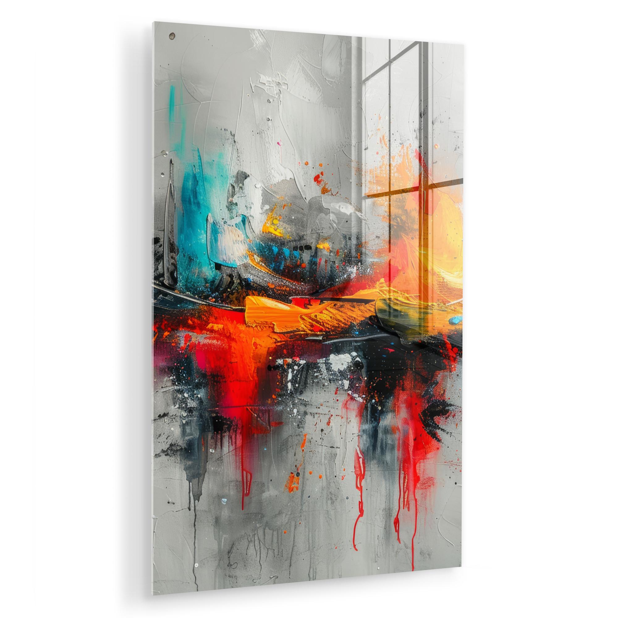 ACRYLGLASBILD Moderne Kunst - Orange - Grau - Abstrakt Wandbild 60x90 cm - Hellgrau, Glas (60/90cm) - MuchoWow