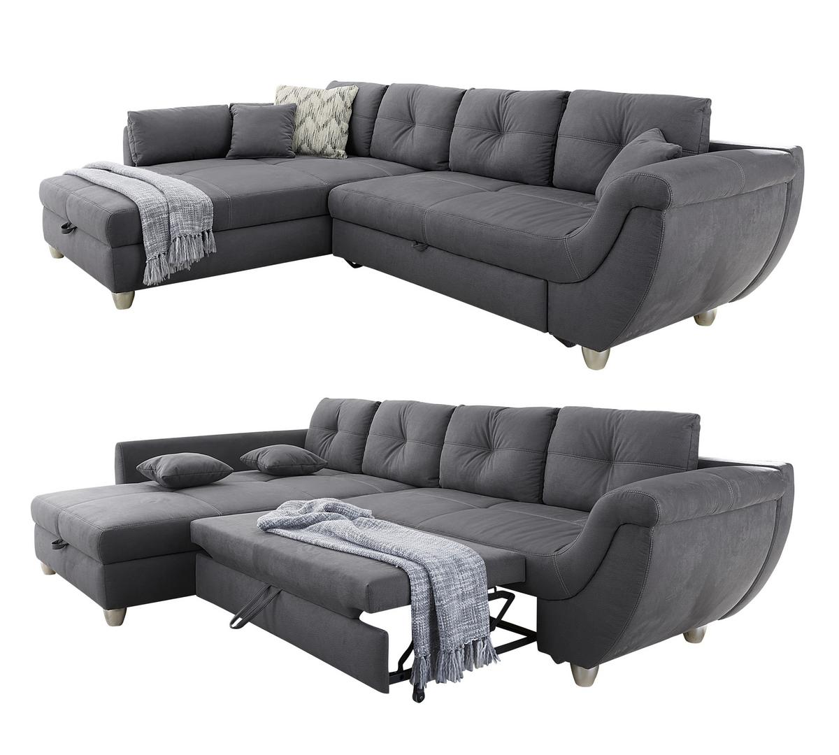 ECKSOFA mit Schlaffunktion und großem Bettkasten, seitenverkehrt montierbar B330/T207/H90 cm, Liegefl. 153x270 cm, Mikrofaser Grau / 15230 - Chromfarben/Grau, Kunststoff/Textil (330/207cm) - luma-home