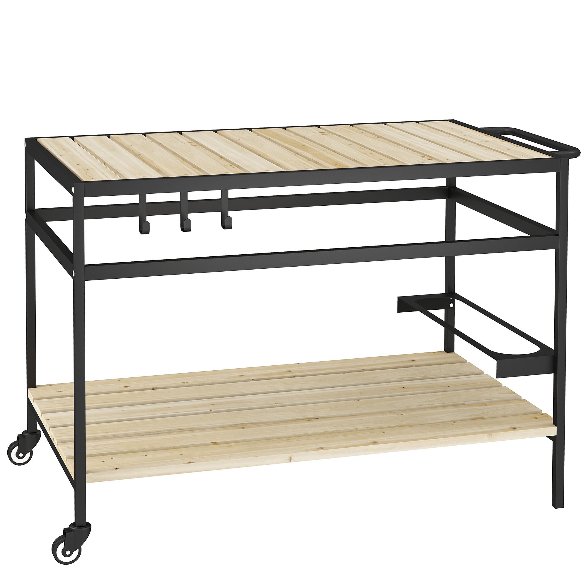 SERVIERWAGEN, Barbecue Trolley mit 2 Regalen, Haken für Garten, Balkon, Natur - Fichtefarben, Metall (65/80/107cm) - Outsunny