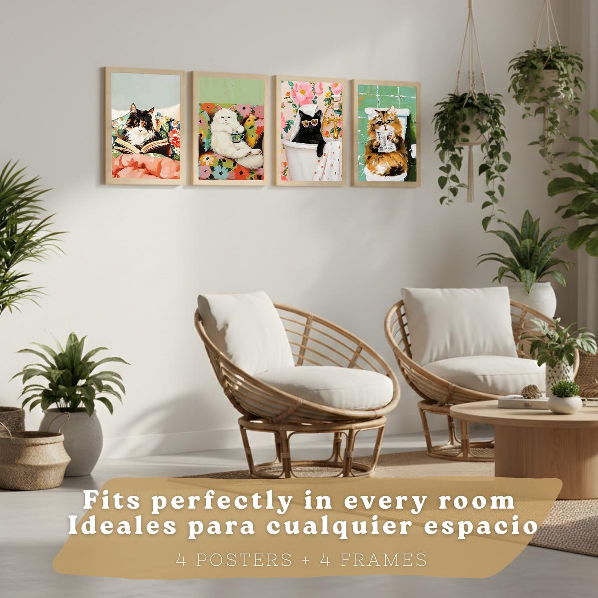 POSTER 4er Kunstdruck-Set Wandbilder Katzen modern Wohnzimmer Deko, Schlafzimmer, Küche, Badezimmer Rahmenlos A3 - Beige, Papier (29.7/1/42cm) - Nacnic