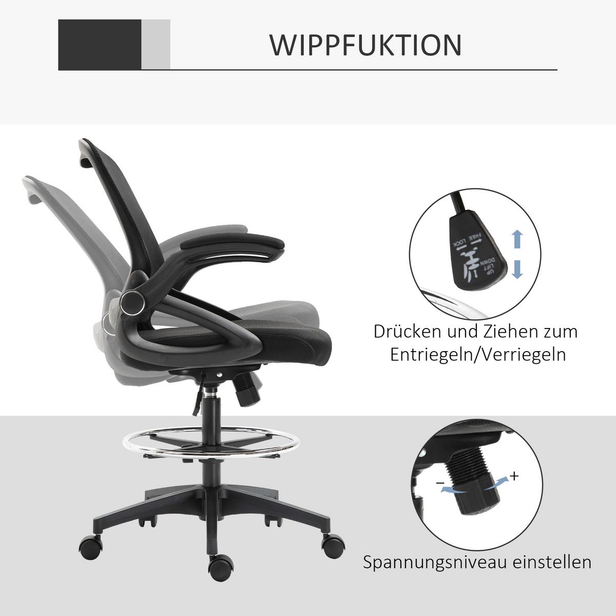 MESH Zeichenstuhl Ergonomischer Bürostuhl mit Rollen drehbar Schwarz - Schwarz, Textil (60/126/64cm) - Vinsetto