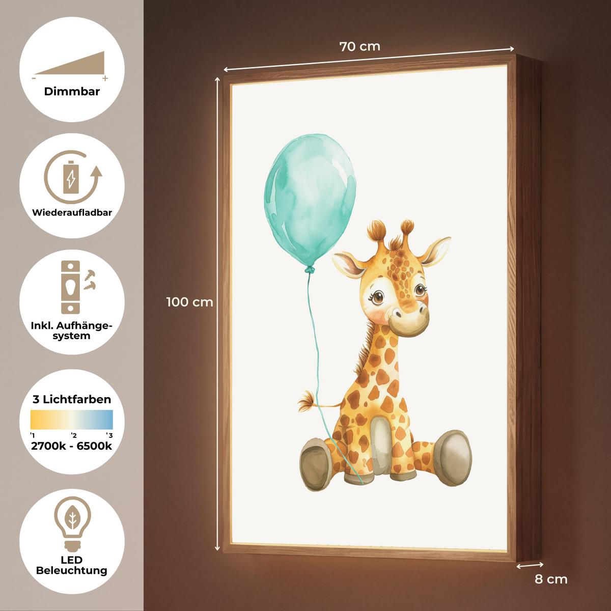 NACHTTISCHLAMPE MIT AKKU Giraffe - Baby - Tiere - Blauer Ballon 70x100 cm - Weiß, Holzwerkstoff (8/70/100cm) - OnlyWow