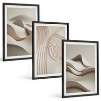 BILDER SET 3er Set - 40x60 cm Schwarzer Rahmen - Abstrakte beige Wellen - Schwarz, Kunststoff (40/60cm) - TULUP