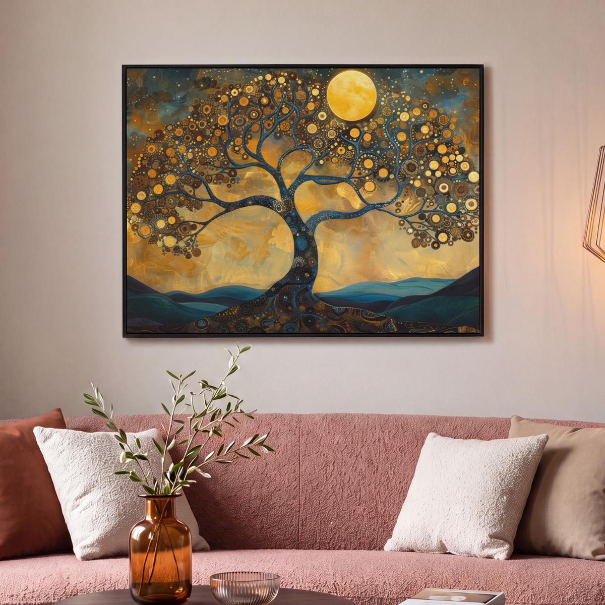 LEINWAND Bilder mit Rahmen - Baum - Mond - Blumen - Gold - Kunst - 100x70 - Orange, Textil (100/70cm) - MuchoWow