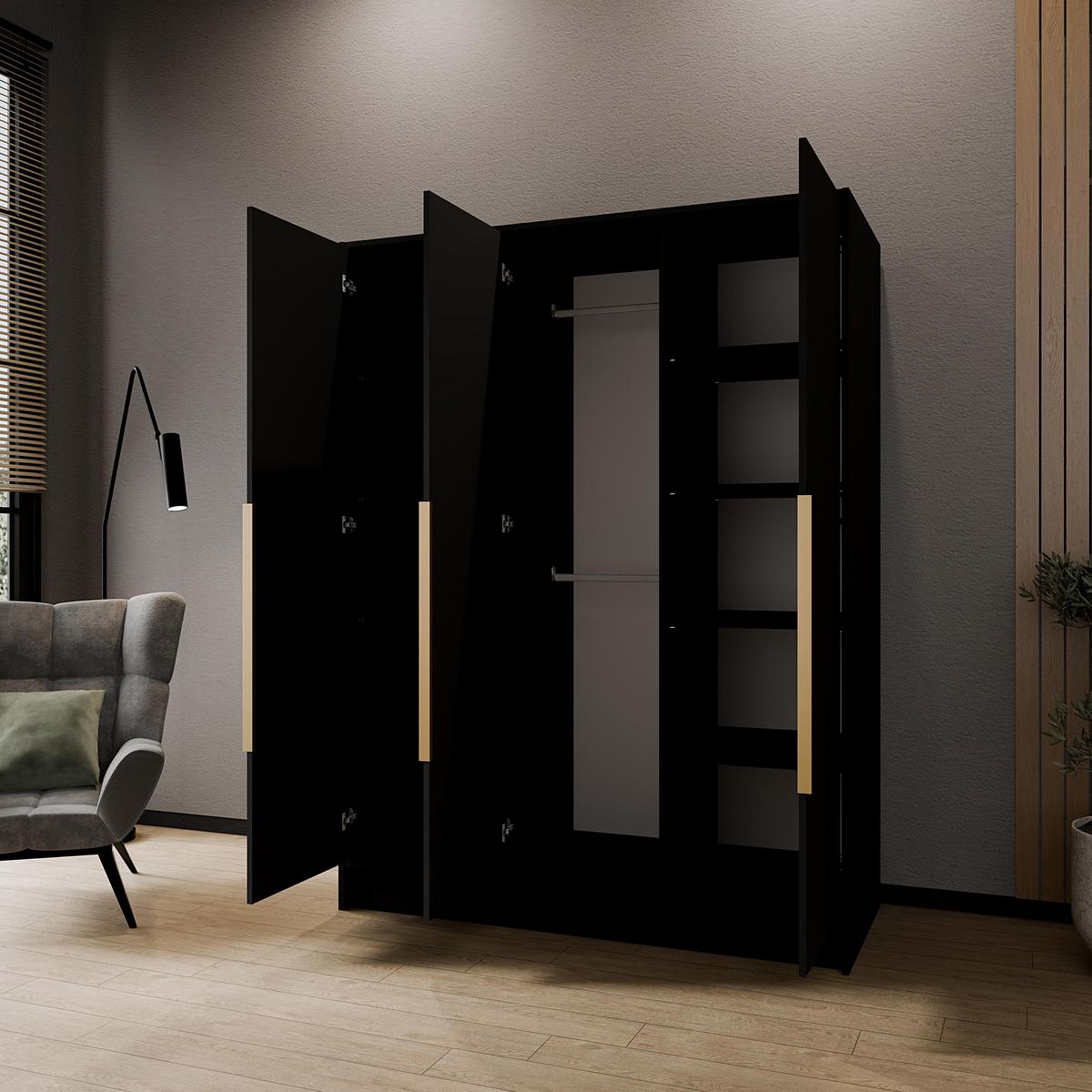 DREHTÜRENSCHRANK Laro mit Spiegel, Schwarz mit goldenen Griffen, 150 cm - Schwarz, Holzwerkstoff (150/200/51cm) - Beautysofa