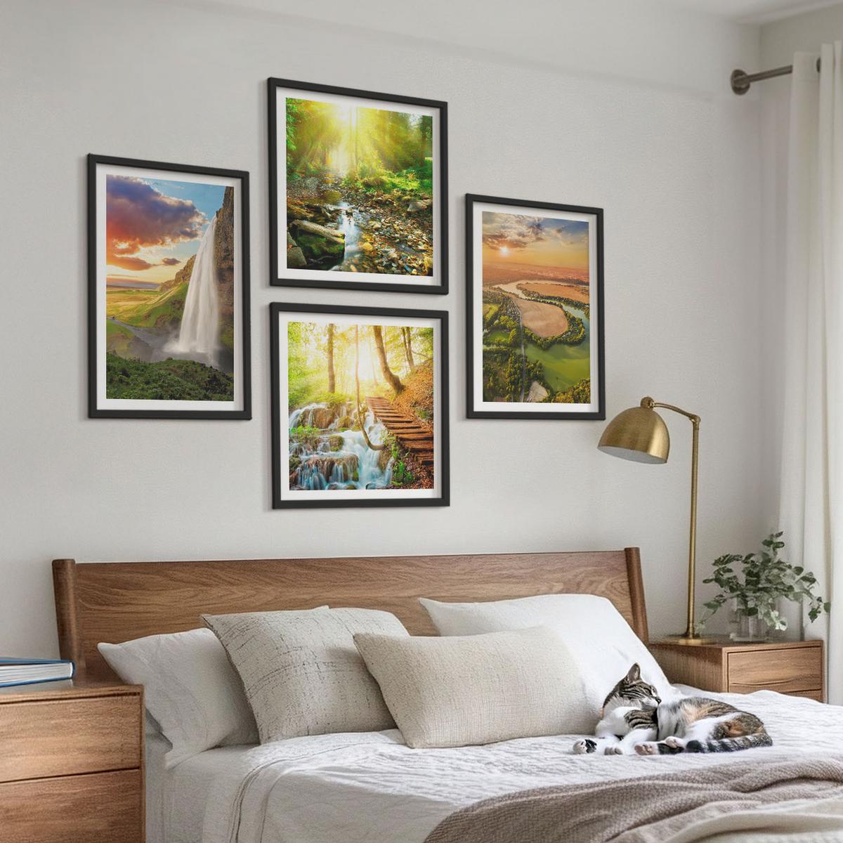 BILDER SET 4er Set - 50x50 cm & 40x60 cm Schwarzer Rahmen - Orange Mountain Wasserfall - Schwarz, Kunststoff (50/50cm) - TULUP