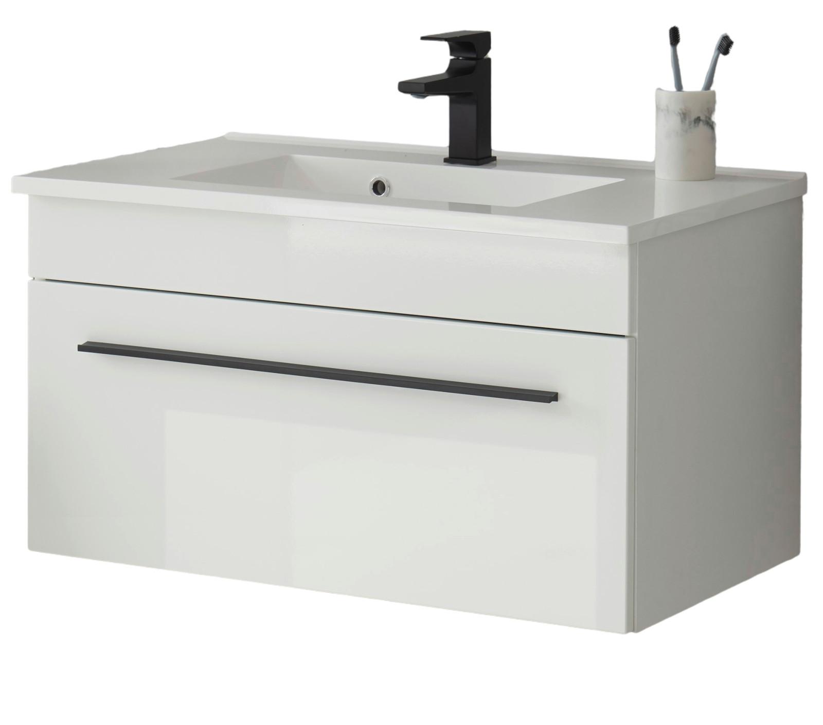 WASCHBECKENUNTERSCHRANK Waschbecken weiß Hochglanz, Waschtisch Set hängend, 80 x 43 cm - Weiß Hochglanz/Schwarz, Holzwerkstoff/Kunststoff (80/45/47cm) - Furn.Design