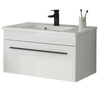 WASCHBECKENUNTERSCHRANK Waschbecken weiß Hochglanz, Waschtisch Set hängend, 80 x 43 cm - Weiß Hochglanz/Schwarz, Holzwerkstoff/Kunststoff (80/45/47cm) - Furn.Design