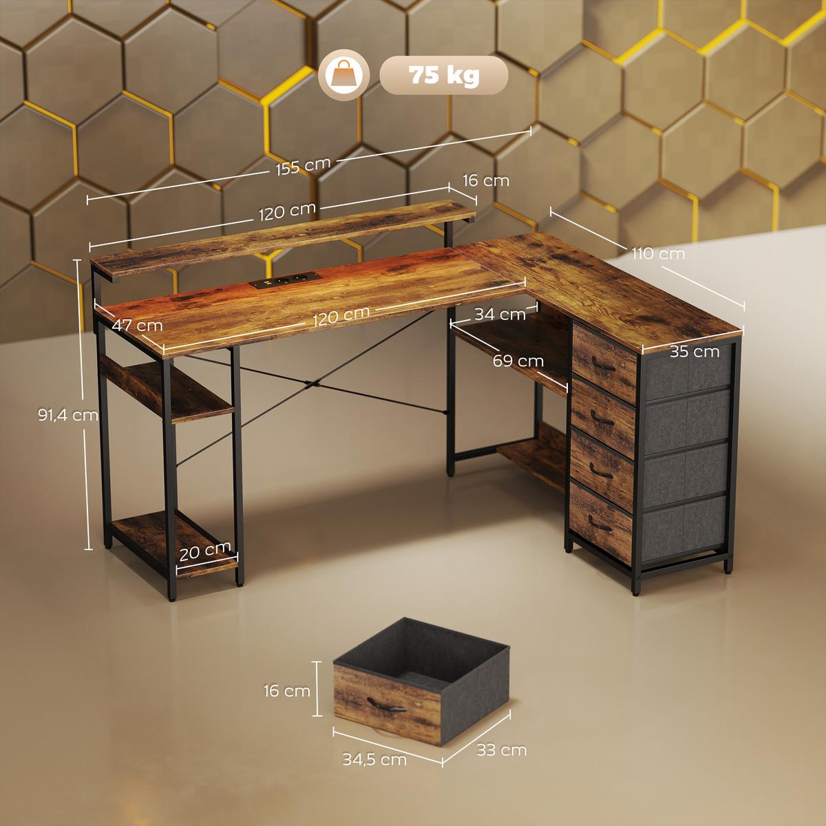 GAMING TISCH aus Spanplatte Stahl Rustikal-Braun - Schwarz/Braun, Holzwerkstoff (155/110/91.4cm) - HOMCOM