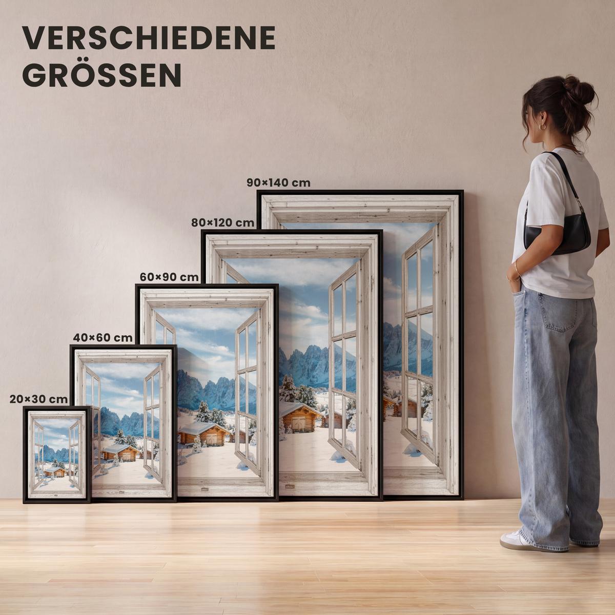 LEINWAND Bilder mit Rahmen - Winterlandschaft - Hütte - Berge - Ausblicke - Aussicht - Natur - 40x60 - Weiß Hochglanz, Textil (40/60cm) - MuchoWow