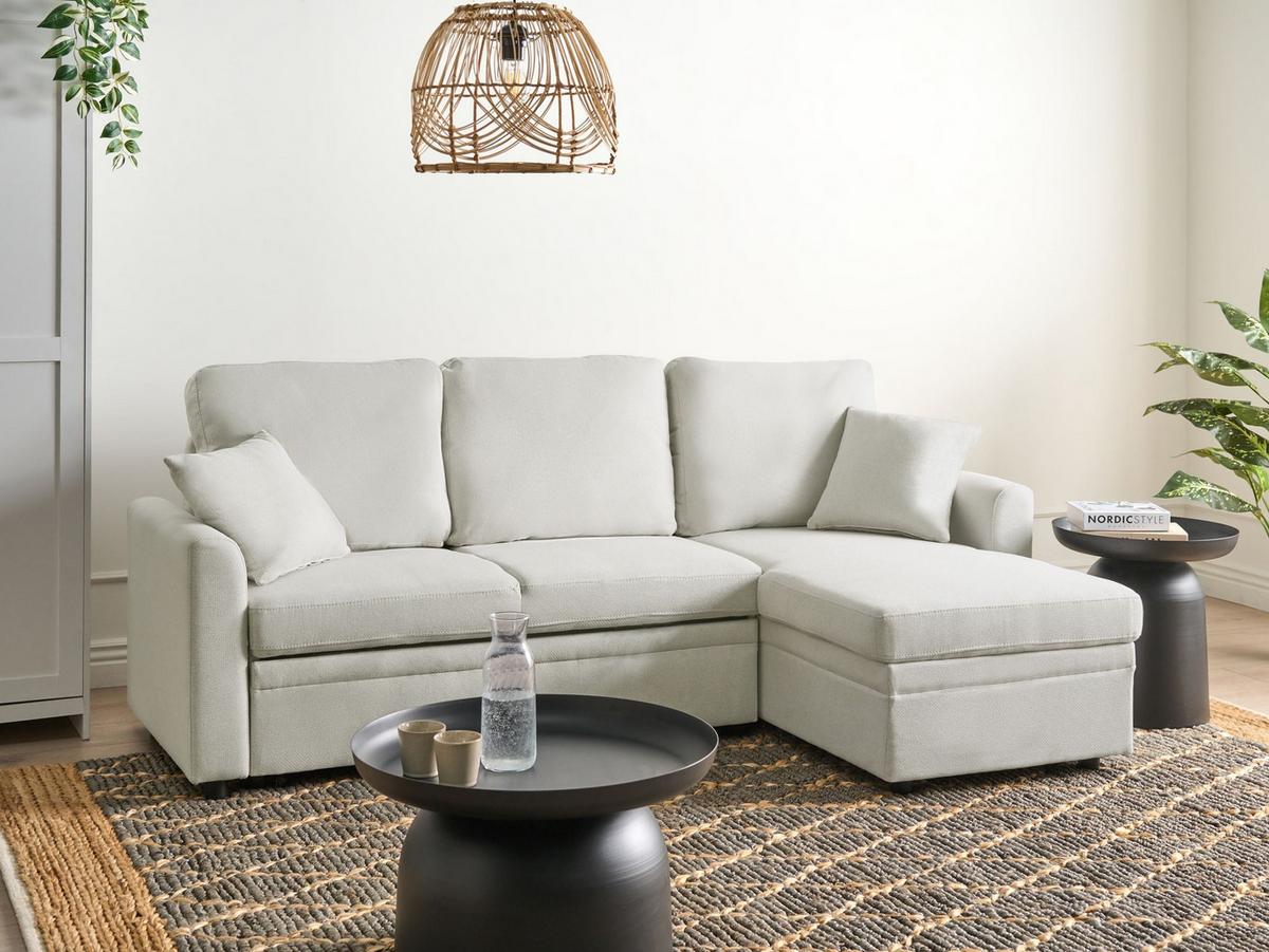 ECKSCHLAFSOFA 3-Sitzer Kunstleinen Hellbeige linksseitig Nassjo - Beige, Textil (210/131cm) - Beliani