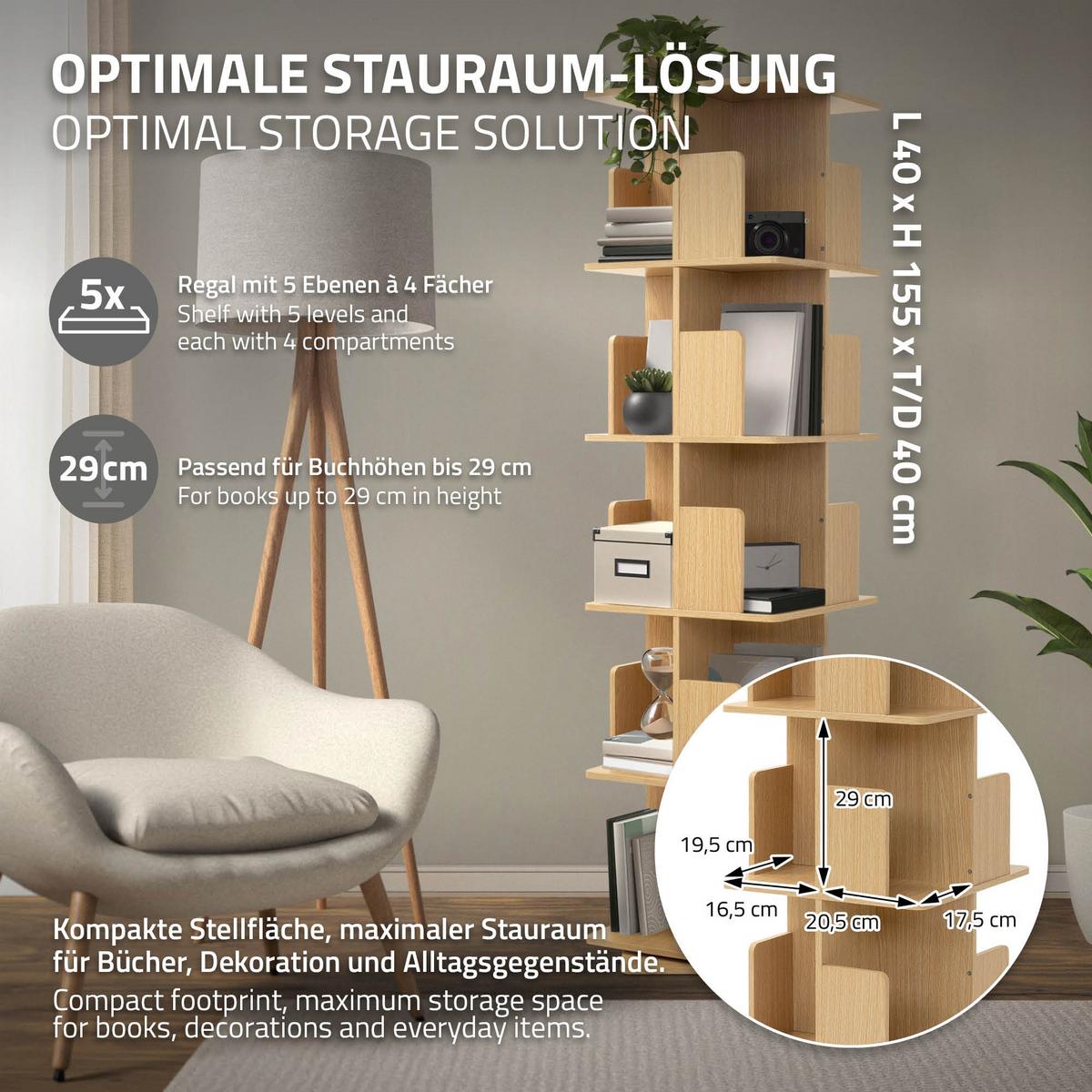 BÜCHERREGAL Kinder mit 5 Ebenen Eiche 40x155x40 cm Drehbar 360 Grad - Beige, Holzwerkstoff (40/155/40cm) - ML-DESIGN