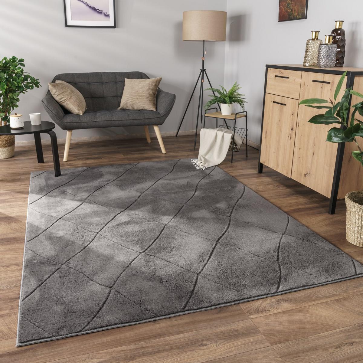 KURZFLORTEPPICH Waschbar, mit Rauten-Struktur, Anthrazit, 80 x 150 cm - Anthrazit, Textil (150/80cm) - KADIMA DESIGN
