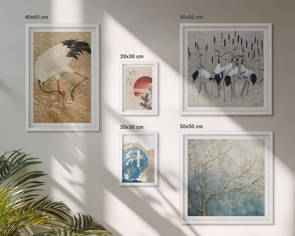 BILDER SET 5er Set - 50x50 cm & 20x30 cm & 40x60 cm Weißer Rahmen - Japanische Kraniche Landschaft - Weiß, Kunststoff (40/60cm) - TULUP