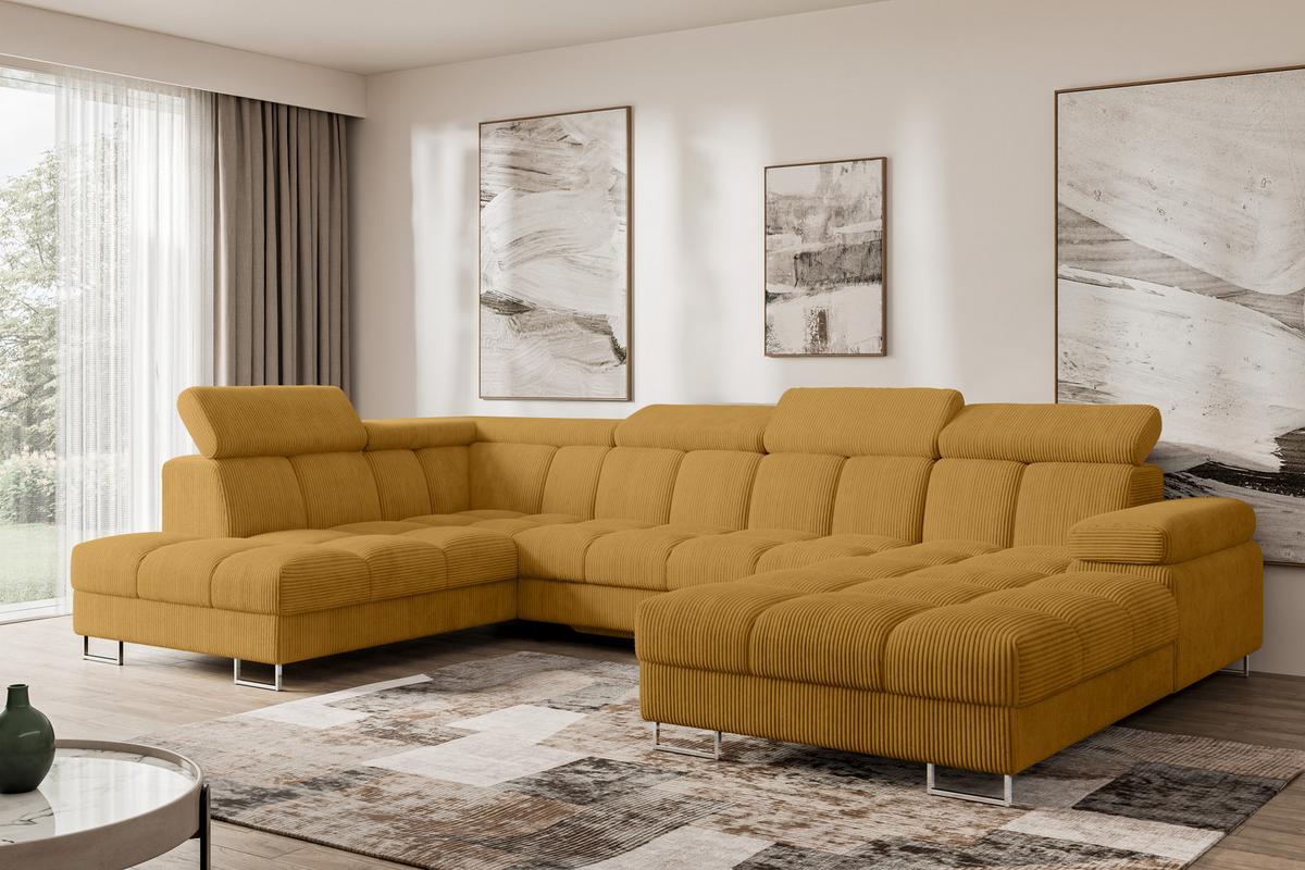 WOHNLANDSCHAFT mit Schlaffunktion und Bettkasten Ottomane Links COMA U 345x203x79 Senfgelb Cord - Honig, Holzwerkstoff/Textil (345/79/203cm) - ALTDECOR