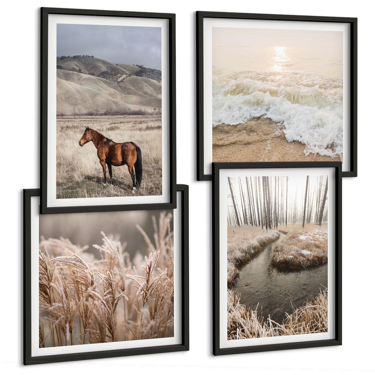 BILDER SET 4er Set - 50x50 cm & 40x60 cm Schwarzer Rahmen - Pferdelandschaft Seegraswald - Schwarz, Kunststoff (50/50cm) - TULUP