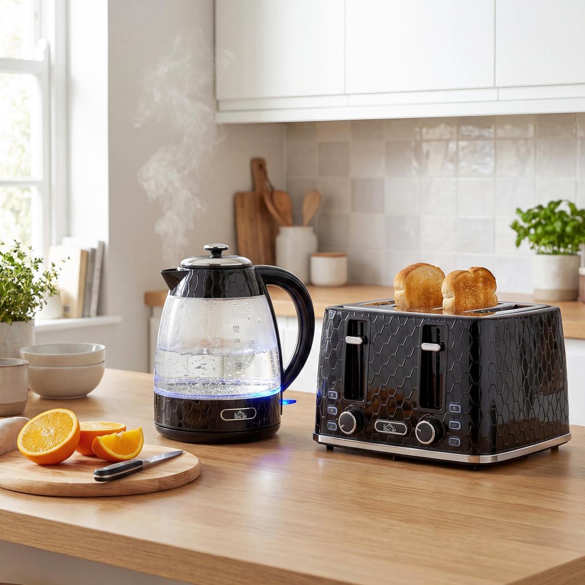 WASSERKOCHER-TOASTER SET aus Kunststoff Edelstahl Schwarz - Schwarz, Kunststoff (16.9/23.8/22.2cm) - HOMCOM
